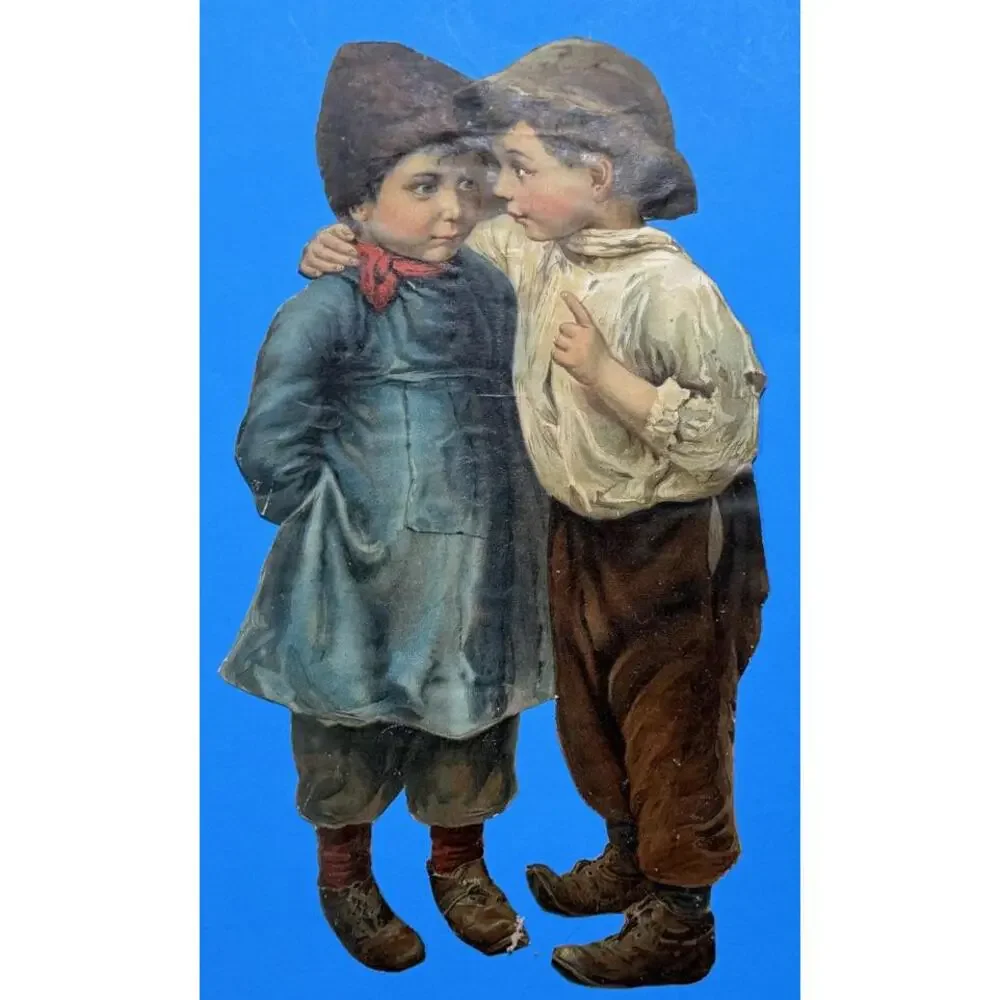 Victorian Color Paper Scrap 2 Little Boys Sharing a Secret